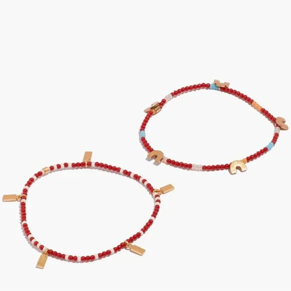 NWT MADEWELL Set of 2 Seed Bead Bracelets Red Gold Blue 7" Boho Stack Stretch - Picture 1 of 3